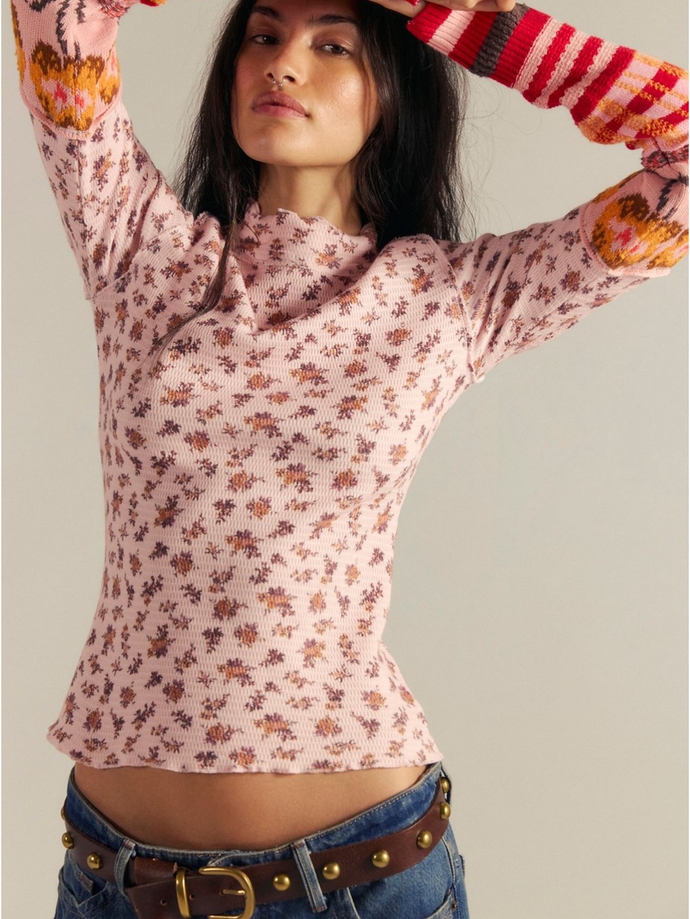 Free People Pink Floral Mock Neck Long Sleeve Top with Patterned Cuffs